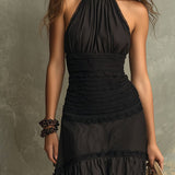 Emily - Black Bohemian High-necked Ruffled Lace Maxi Dress