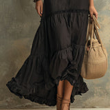 Emily - Black Bohemian High-necked Ruffled Lace Maxi Dress