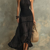 Emily - Black Bohemian High-necked Ruffled Lace Maxi Dress