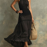 Emily - Black Bohemian High-necked Ruffled Lace Maxi Dress