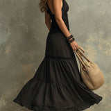 Emily - Black Bohemian High-necked Ruffled Lace Maxi Dress