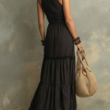 Emily - Black Bohemian High-necked Ruffled Lace Maxi Dress