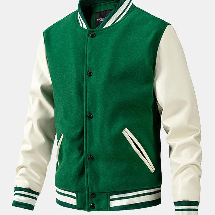 Leo - Wool-Look Baseball Jacket with Faux Leather Sleeves