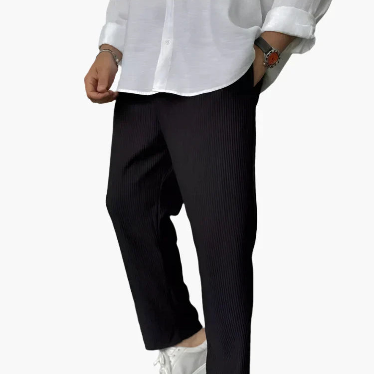 Ambrose men's relaxed pleated texture pants in Black, view 2