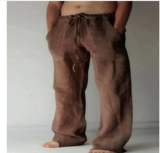 Teddy men's linen blend drawstring pants in Plain Brown, view 12