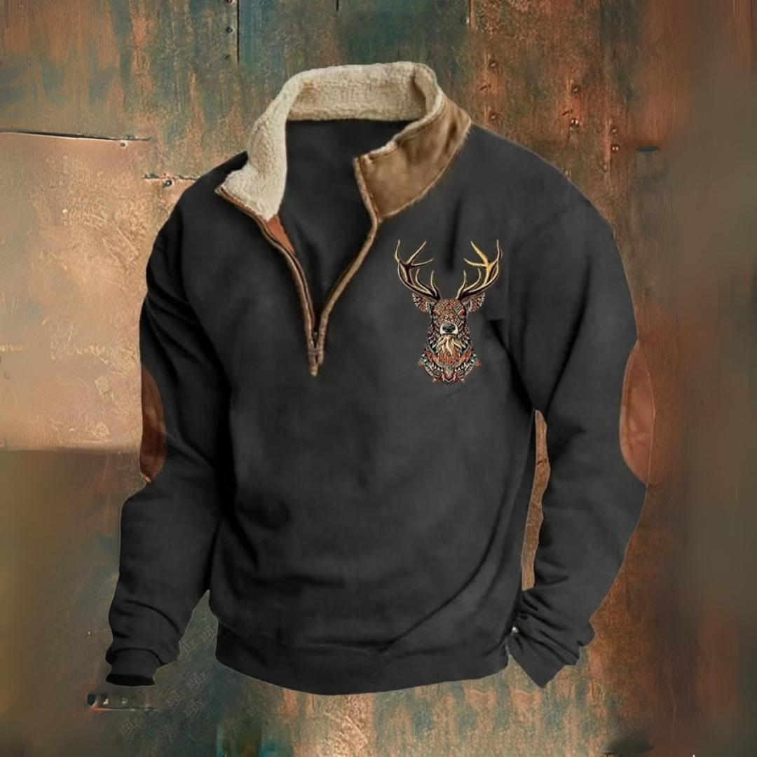 Chris - Brown Deer Motif Half-Zip Sweatshirt