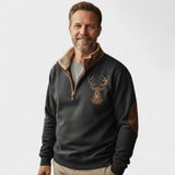 Chris - Brown Deer Motif Half-Zip Sweatshirt