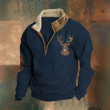 Chris - Brown Deer Motif Half-Zip Sweatshirt