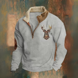 Chris - Brown Deer Motif Half-Zip Sweatshirt