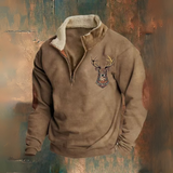 Chris - Brown Deer Motif Half-Zip Sweatshirt