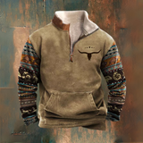 Dave - Brown Half-Zip Sweatshirt with Patterned Sleeves