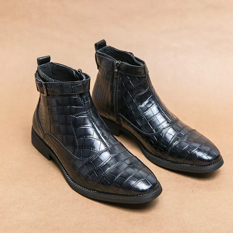 Nathan - Brown Woven Ankle Boots with Buckle
