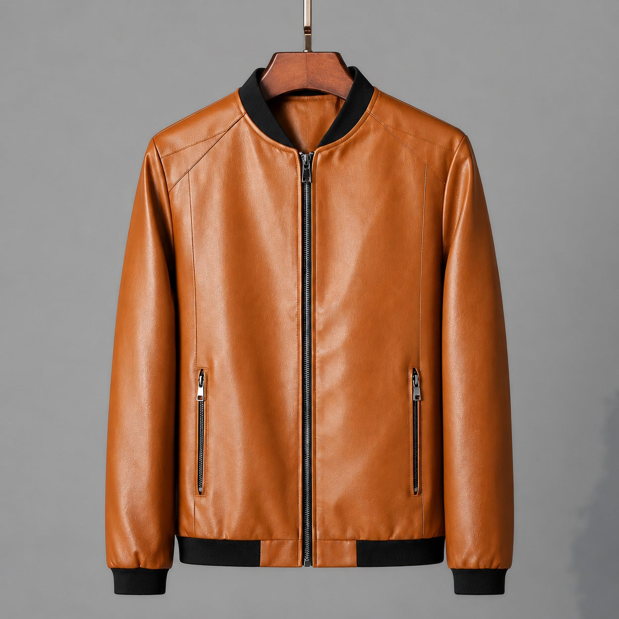 Odin men's smooth leather bomber jacket in Brown, front view