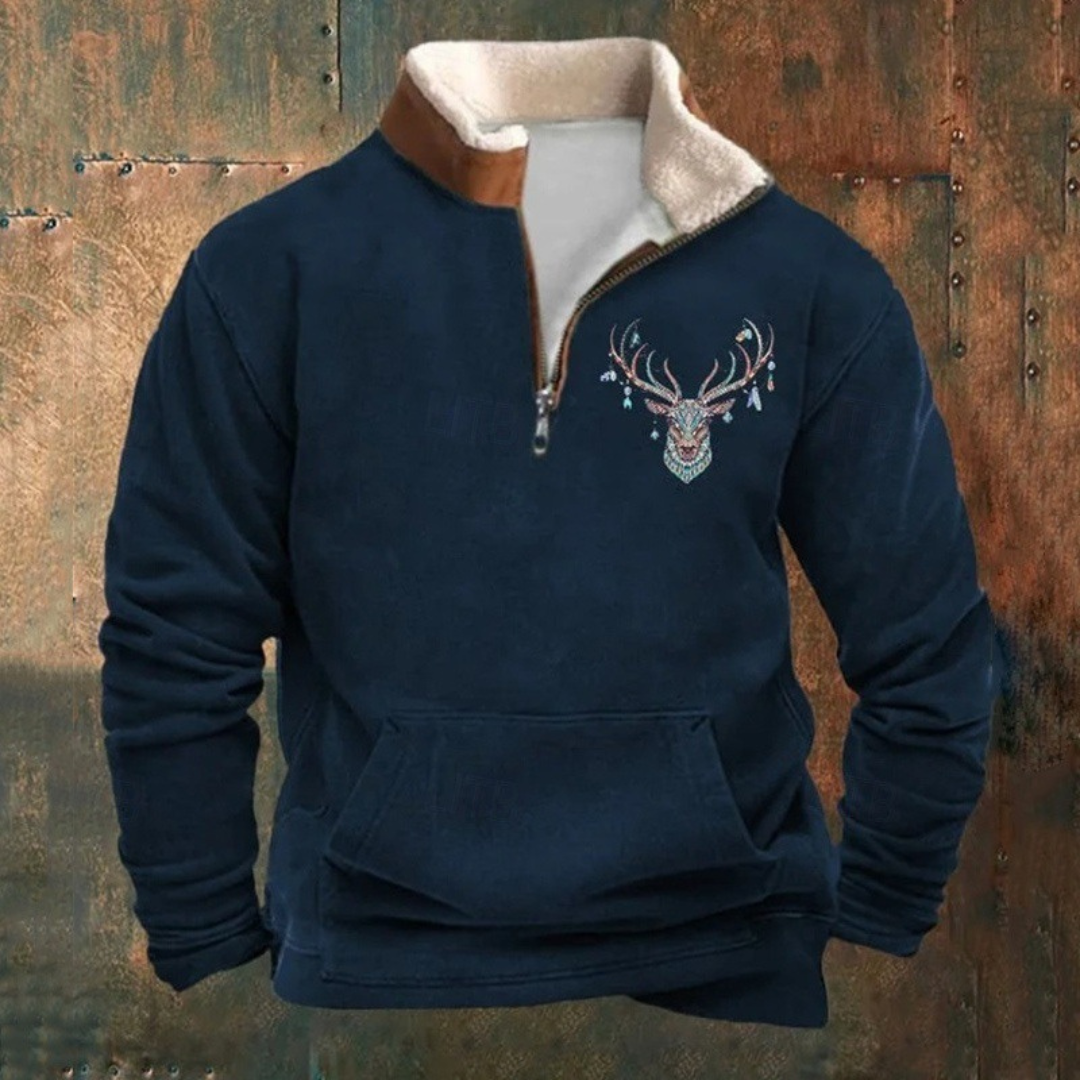 Barry - Olive Deer Motif Half-Zip Sweatshirt
