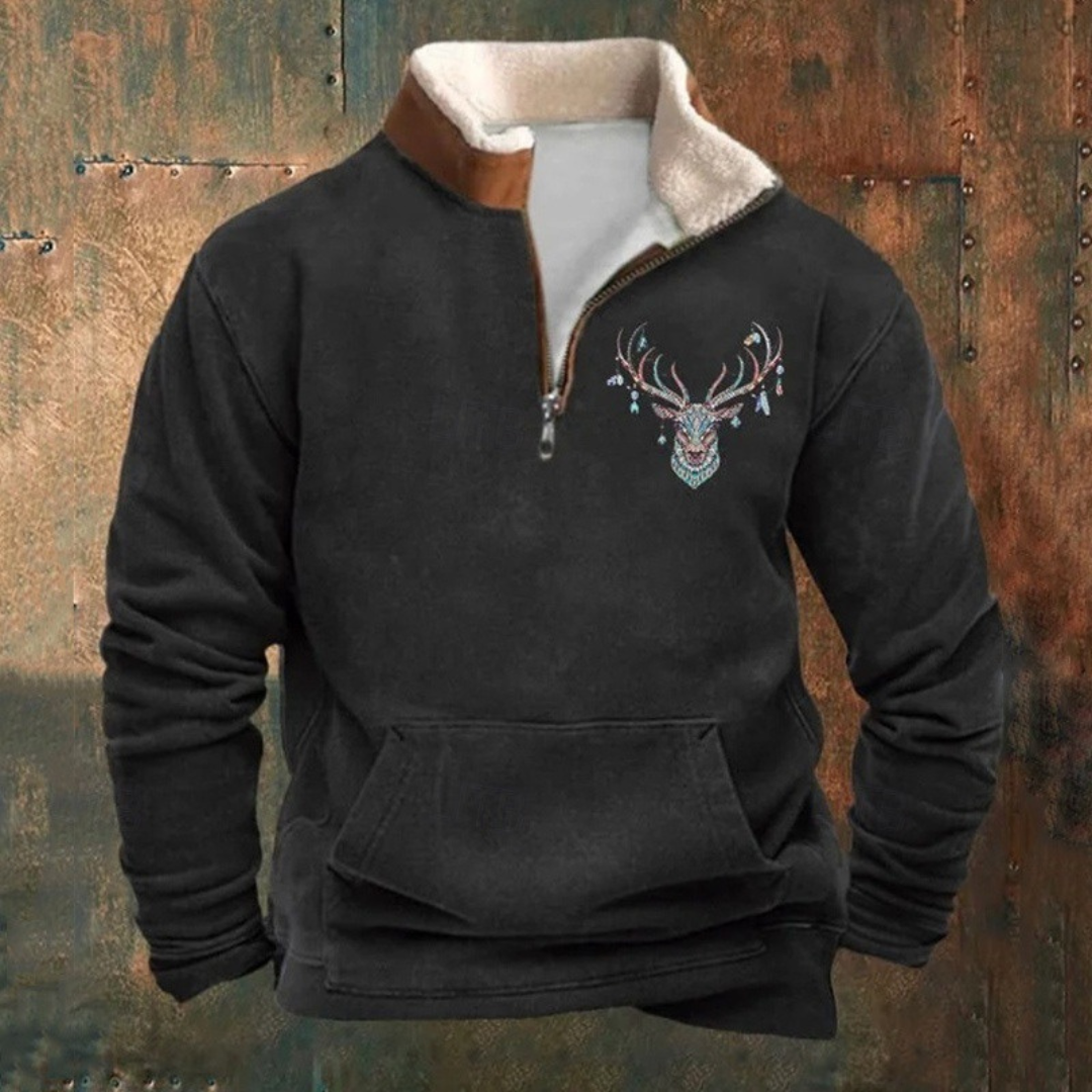 Barry - Olive Deer Motif Half-Zip Sweatshirt