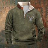 Barry - Olive Deer Motif Half-Zip Sweatshirt