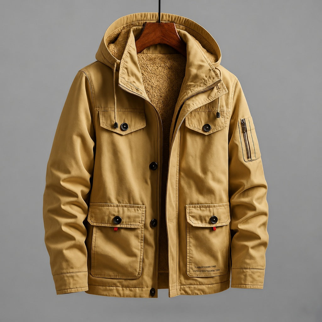Troy men's hooded utility jacket in Dark Khaki, front view