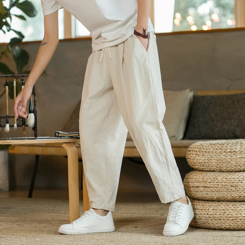 Graeme men's comfortable drawstring pants in Beige, front view